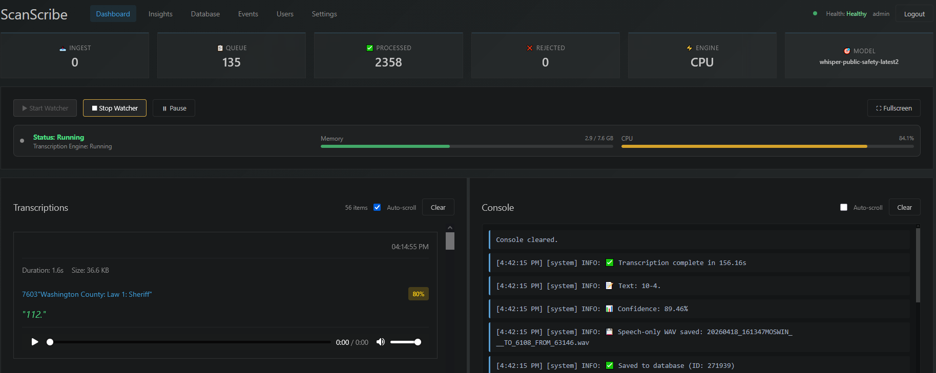 ScanScribe dashboard with ingest, queue, and live transcription console.