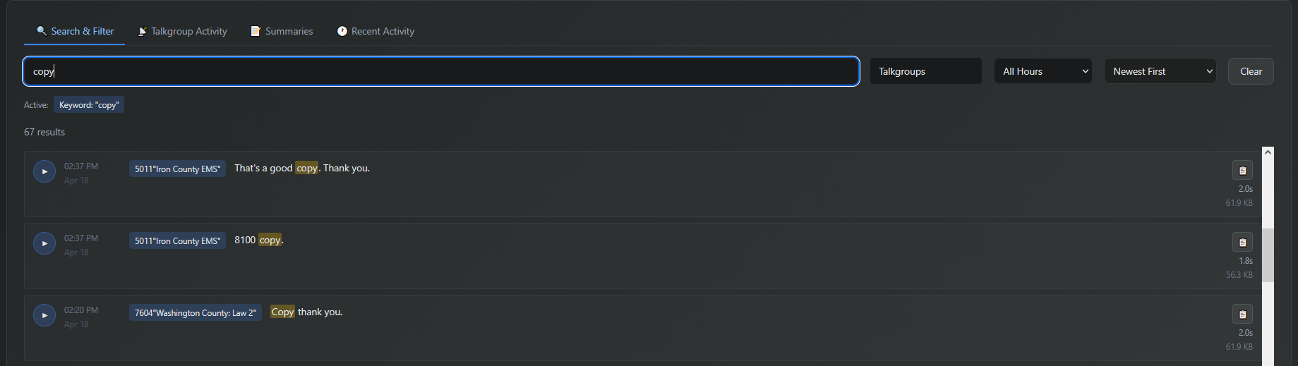 Search and filter view showing transcript matches and talkgroup labels.